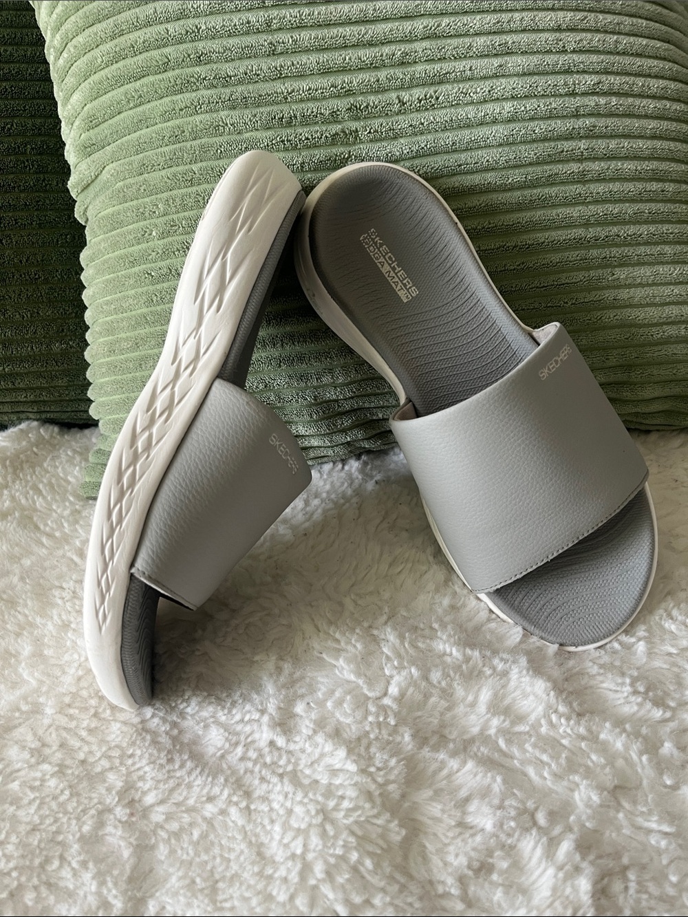 Skechers Women’s Gray Slide Sandals with White Sole